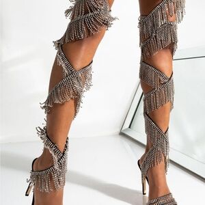 Glamorous Silver Beaded Women's Heels
